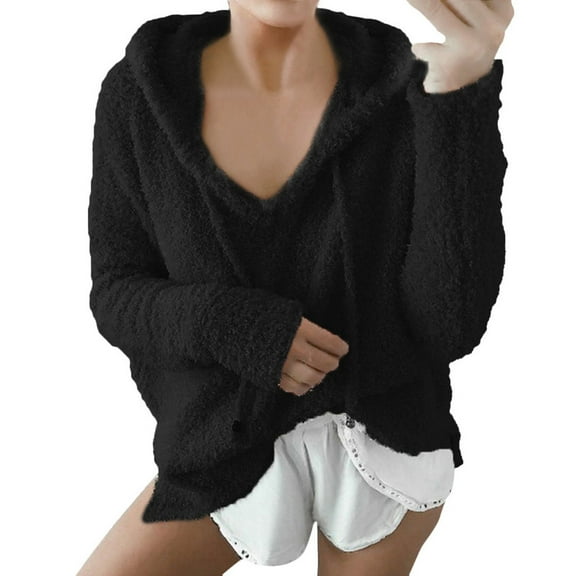 HAPIMO Sweatshirt for Women Mohair Fuzzy Drawstring Pullover Tops Solid Color Long Sleeve Relaxed Fit Womens Hoodie Sweatshirt Teen Girls Clothes Black M