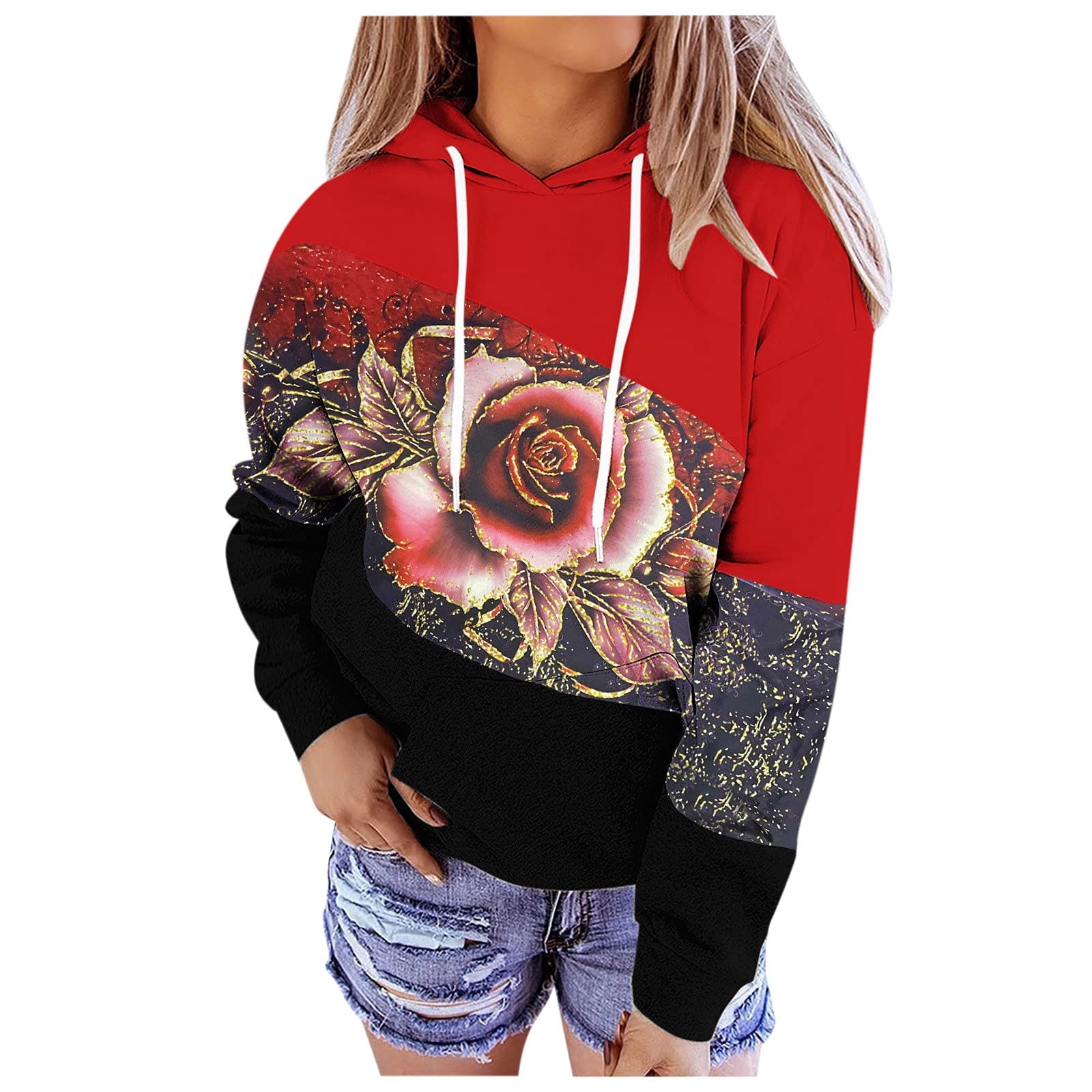 HAPIMO Rollbacks Sweatshirt for Women Pocket Drawstring Pullover Tops  Floral Print Long Sleeve Relaxed Fit Womens Hoodie Sweatshirt Teen Girls  Clothes Red S 