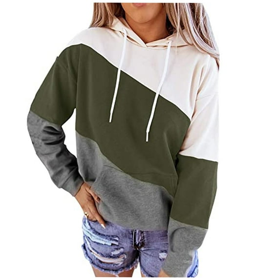 HAPIMO Rollbacks Sweatshirt for Women Pocket Drawstring Pullover Tops Striped Color Patchwork Long Sleeve Relaxed Fit Womens Hoodie Sweatshirt Teen Girls Clothes Green L