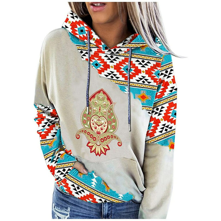 HAPIMO Rollbacks Sweatshirt for Women Pocket Drawstring Pullover Tops  Weatern Vintage Ethnic Graphic Print Long Sleeve Relaxed Fit Womens Hoodie  Stitching Sweatshirt Teen Girls Clothes Blue XL 