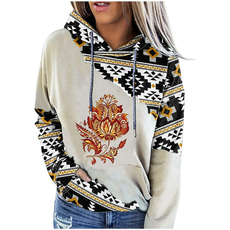 HAPIMO Rollbacks Sweatshirt for Women Pocket Drawstring Pullover Tops  Weatern Vintage Ethnic Graphic Print Long Sleeve Relaxed Fit Womens Hoodie
