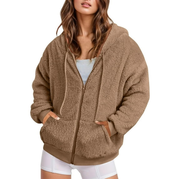 HAPIMO Rollbacks Sweatshirt for Women Zipper Drawstring Crop Pullover Tops Solid Plush Fleece Long Sleeve Relaxed Womens Fuzzy Hoodie Sweatshirt Teen Girls Clearance Khaki M