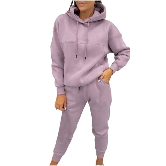 HAPIMO Rollbacks Two Piece Sport Suit for Women Casual Solid Color Thick Hooded Sweatshirt+Jogger Sweatpant Fall Fashion Sets Purple S