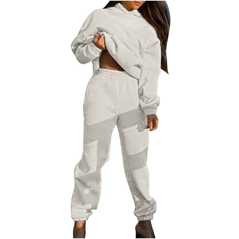 HAPIMO Rollbacks Two Piece Sport Suit for Women Casual Solid Color Thick  Hooded Sweatshirt+Jogger Sweatpant Fall Fashion Sets White S