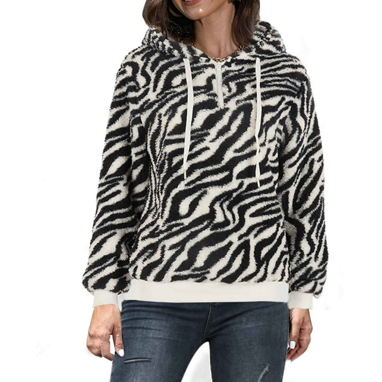 HAPIMO Rollbacks Winter Sherpa Sweatshirt for Women Casual Comfy Long  Sleeve Girls Fall Fashion Tops Womens Fuzzy Drawstring Outwear Half Zip  Leopard Zrbra Tie Dye Print Thick Jacket White XL 