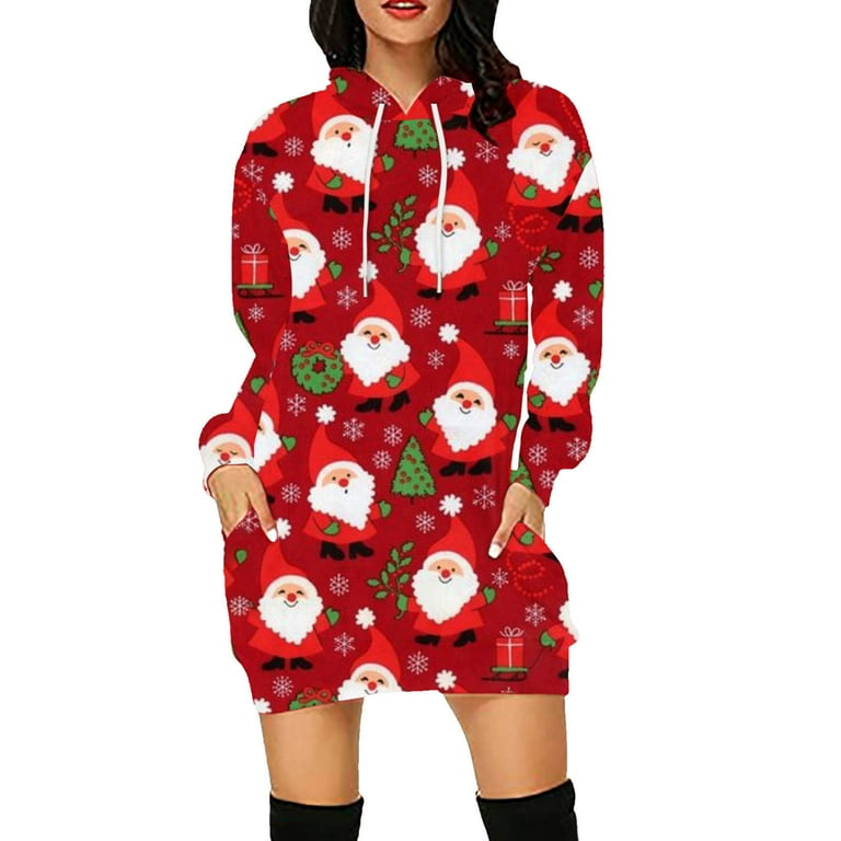 HAPIMO Rollbacks Women Christmas Casual Mini Sweatshirt Dress Cute Santa Claus Gnom Snowman Graphic Printing Long Sleeve Drawstring Pullover Hooded
