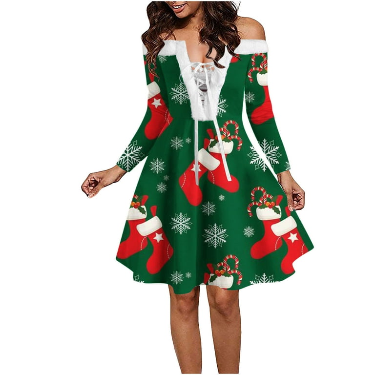 HAPIMO Rollbacks Women Christmas Knee Dress Snowflake Reindeer