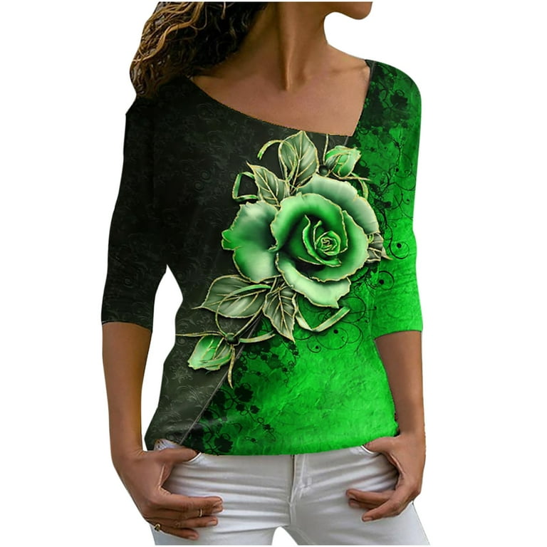 HAPIMO Rollbacks Women's 3/4 Sleeve Shirts Fashion Clothing Casual Tee  Shirt Relaxed-Fit Pullover Blouse Asymmetric Neck Sweatshirt Gifts for  Women Rose Graphic Print Tops Green S 