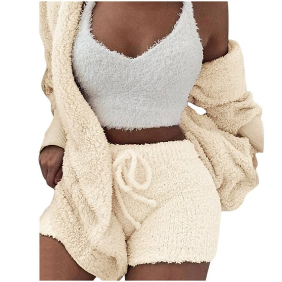 HAPIMO Women's Cozy Knit Set 3-Piece Outfits Fuzzy Fleece Warm Hooded Cardigan Crop Top Shorts Set Warm Pajamas Loungewear Beige M