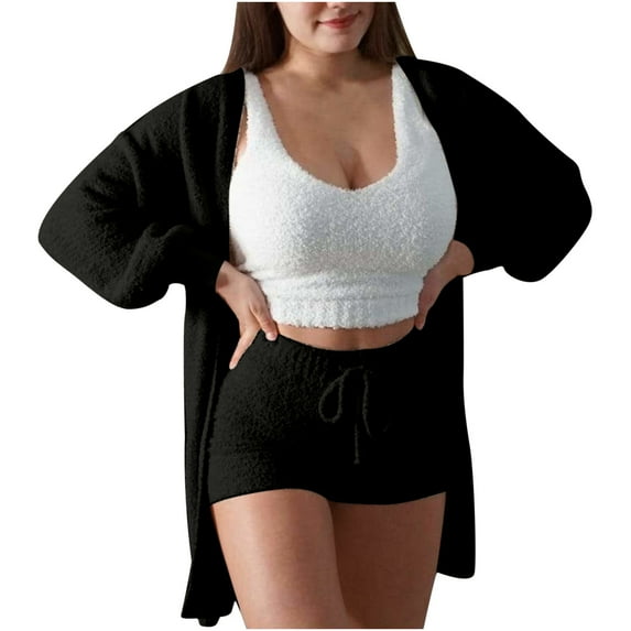 HAPIMO Women's Cozy Knit Set 3-Piece Outfits Fuzzy Fleece Warm Hooded Cardigan Crop Top Shorts Set Warm Pajamas Loungewear Black XXXL