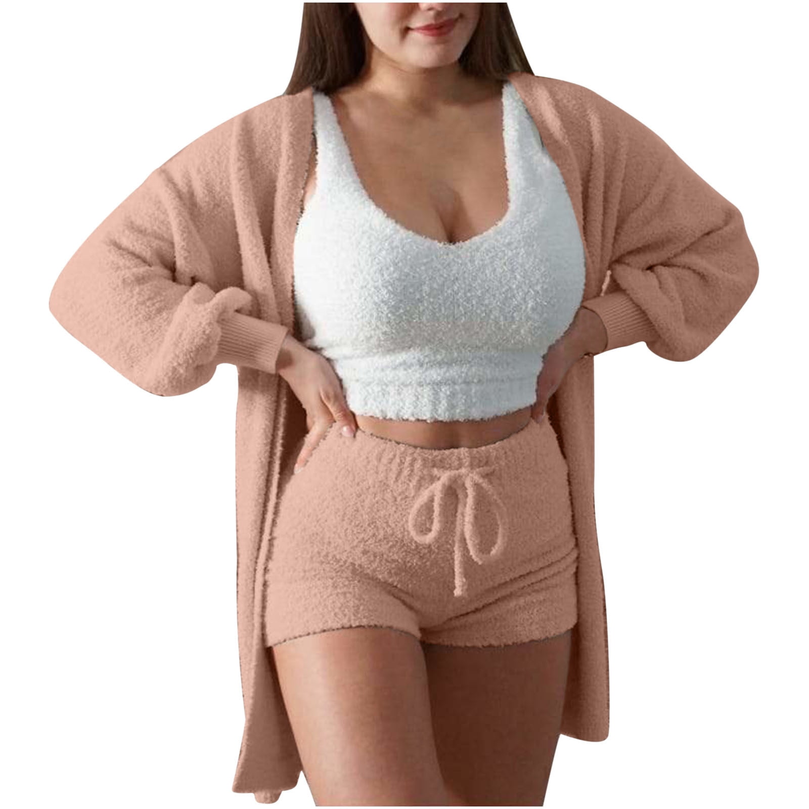 HAPIMO Rollbacks Women's Cozy Knit Set 3-Piece Outfits Fuzzy Fleece Warm  Hooded Cardigan Crop Top Shorts Set Warm Pajamas Loungewear Pink XXXL
