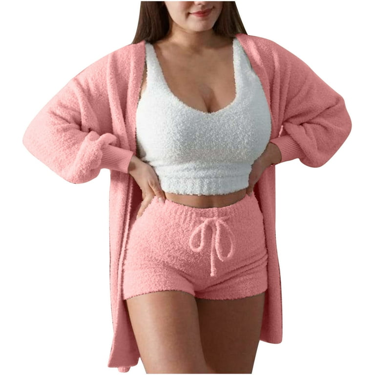 HAPIMO Rollbacks Women's Cozy Knit Set 3-Piece Outfits Fuzzy Fleece Warm  Hooded Cardigan Crop Top Shorts Set Warm Pajamas Loungewear Pink XXXL 