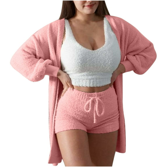 HAPIMO Women's Cozy Knit Set 3-Piece Outfits Fuzzy Fleece Warm Hooded Cardigan Crop Top Shorts Set Warm Pajamas Loungewear Pink XXXL