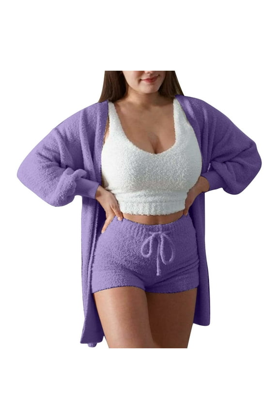 Women's Cozy Knit Set 3-Piece Outfits Fuzzy Fleece Warm Hooded Cardigan Crop Top Shorts Set Warm Pajamas Loungewear Purple XXXL