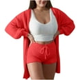 thumbnail image 1 of HAPIMO Women's Cozy Knit Set 3-Piece Outfits Fuzzy Fleece Warm Hooded Cardigan Crop Top Shorts Set Warm Pajamas Loungewear Red L, 1 of 6