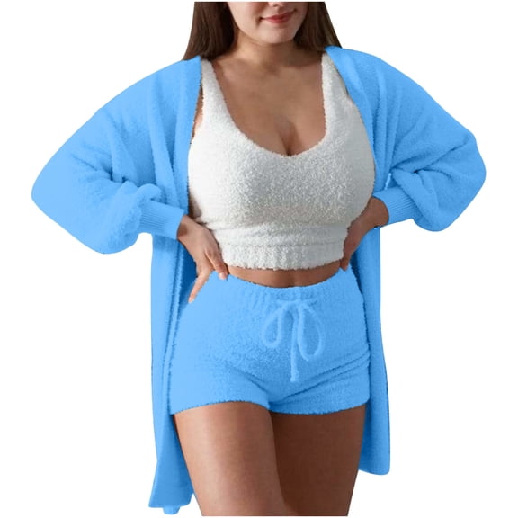 HAPIMO Women's Cozy Knit Set 3-Piece Outfits Fuzzy Fleece Warm Hooded Cardigan Crop Top Shorts Set Warm Pajamas Loungewear Sky Blue L