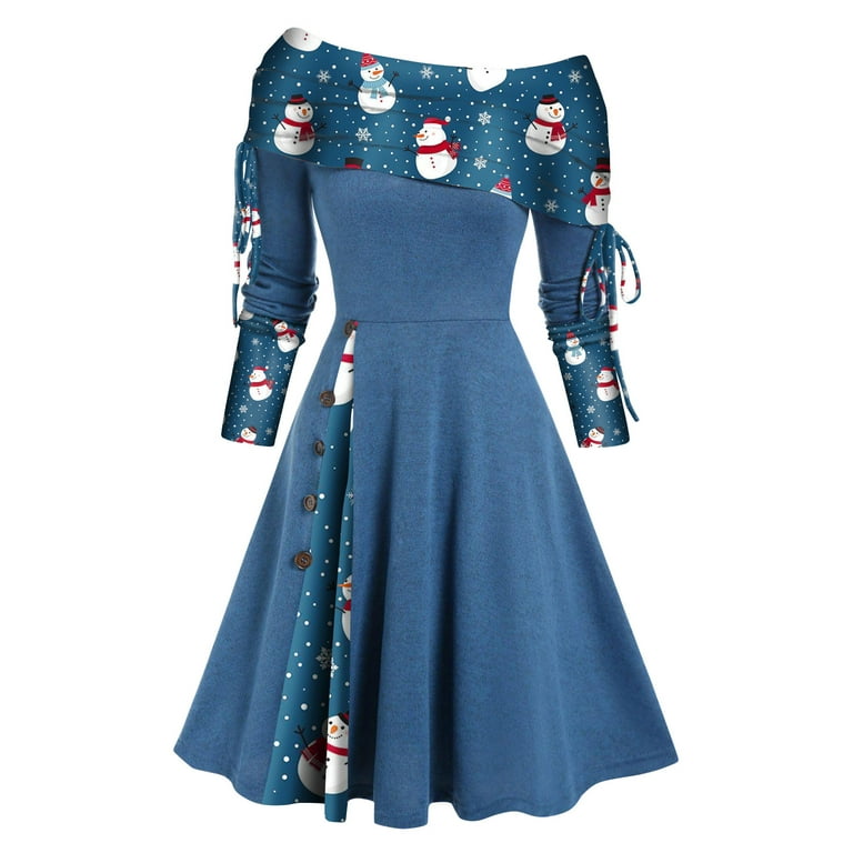 HAPIMO Rollbacks Women's Fashion Knee-High Dress Christmas Snowflake  Printing Pleated Causal Off-The-Shoulder Long Sleeve Button Swing Dress for  Women Blue XXL 