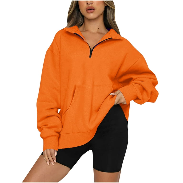 HAPIMO Rollbacks Women's Fashion Shirts Cozy Casual Drop Shoulder  Sweatshirt T-Shirt Clothes for Women Solid Color Tops Zip Lapel Collar  Pullover Long Sleeve Blouse Orange M 