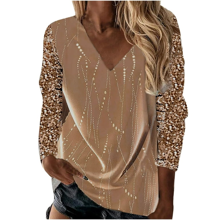 HAPIMO Rollbacks Women's Fashion Shirts Cozy Casual Sweatshirt Long Sleeve  Blouse T-Shirt Clothes for Women Graphic Print Tops V-Neck Pullover Gold  XXL 