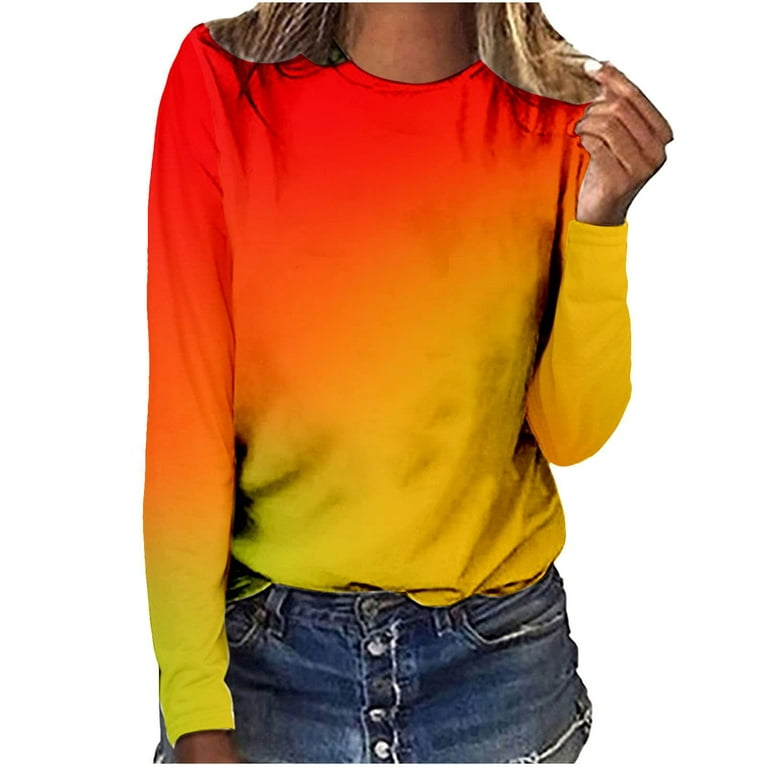 HAPIMO Rollbacks Women's Fashion Shirts Cozy Casual Sweatshirt T-Shirt  Clothes for Women Long Sleeve Blouse O-Neck Pullover Gradient Color Tops  Orange S 
