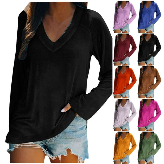 HAPIMO Women's Fashion Shirts Long Sleeve Blouse V-Neck Pullover T-Shirt Clothes for Women Solid Color Tops Cozy Casual Sweatshirt Beige S