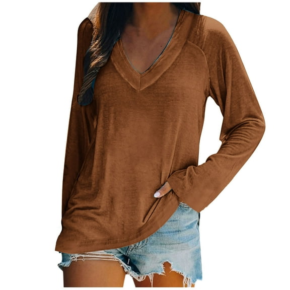 HAPIMO Women's Fashion Shirts Long Sleeve Blouse V-Neck Pullover T-Shirt Clothes for Women Solid Color Tops Cozy Casual Sweatshirt Brown L