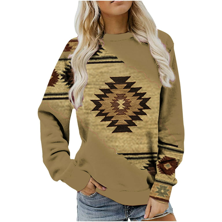 HAPIMO Rollbacks Women's Fashion Shirts Round Neck Pullover Long Sleeve  Blouse Cozy Casual Sweatshirt T-Shirt Clothes for Women Vintage Western  Ethnic Graphic Print Tops Khaki M 