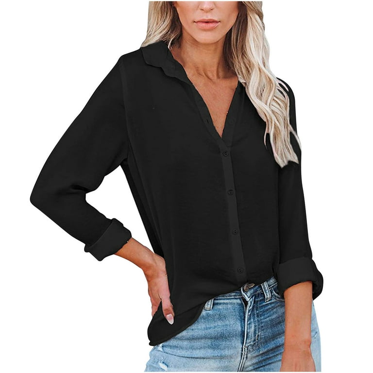 HAPIMO Rollbacks Women's Fashion Shirts Solid Color Tops Long Sleeve Blouse  Cozy Casual Button Down Sweatshirt Lapel Collar V-Neck Pullover T-Shirt  Clothes for Women Black L 