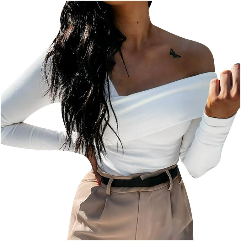 HAPIMO Rollbacks Women's Fashion Shirts Solid Slim Fit Off Shoulder Tops  Asymmetrical Neck Pullover Long Sleeve Blouse Cozy Casual Sweatshirt  T-Shirt Clothes for Women White M 