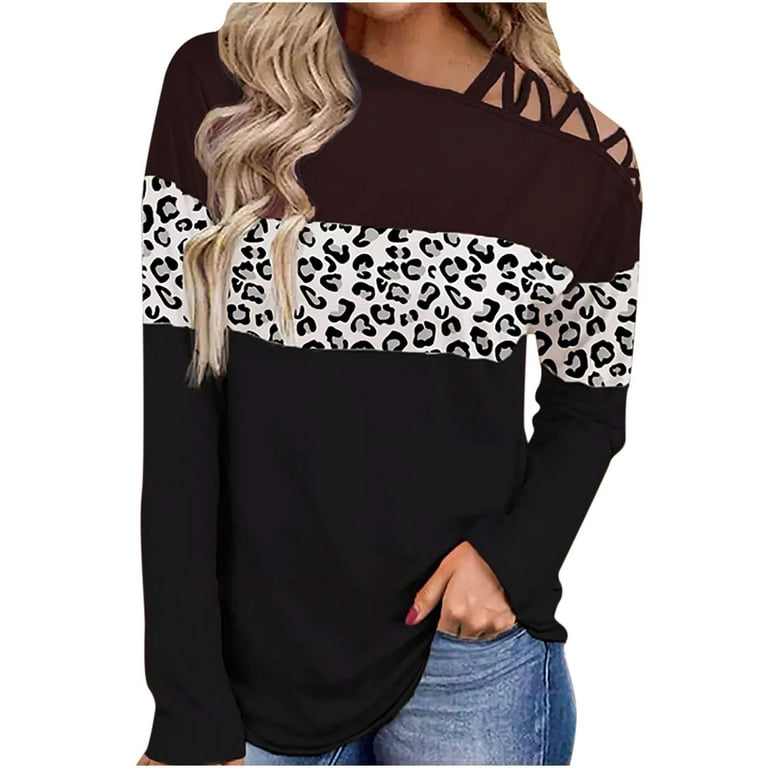 HAPIMO Rollbacks Women's Fashion Shirts T-Shirt Clothes for Women Long  Sleeve Blouse Oblique Neck Pullover Off-the-shoulder Cross Strap Leopard  Plaid