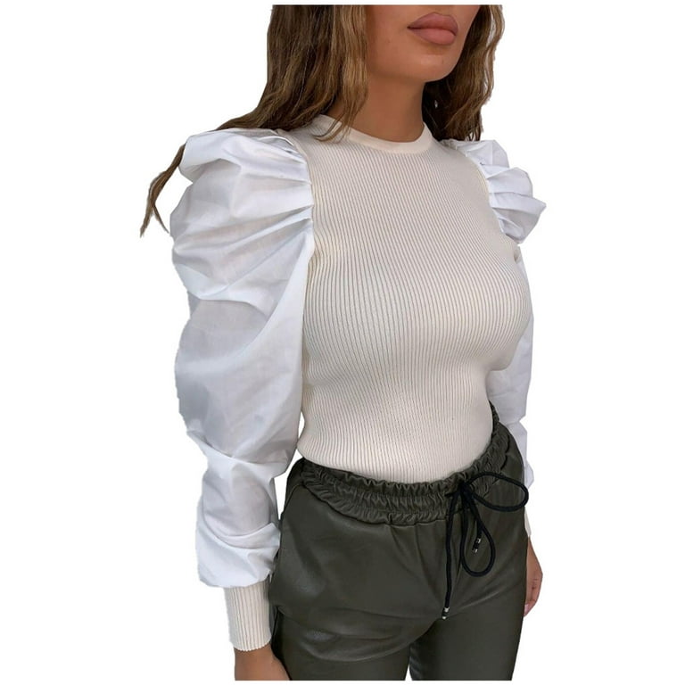 HAPIMO Rollbacks Women's Ruffle Puff Sleeve Shirts O-Neck Sweatshirt  Relaxed-Fit Pullover Blouse Stripe Solid Color Tops Gifts for Women Casual  Slim Tee Shirt Fashion Clothing White XXL 