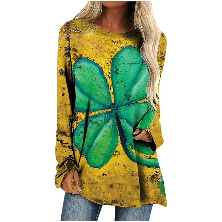 HAPIMO Rollbacks Women's St.Patrick's Day Shirt Clover Graphic Print  Pullover Long Sleeve Shirts for Women Cozy Pleat Loose Leggings Tops Round  Neck Tee Shirt Lucky Green Day Gifts Gold M 