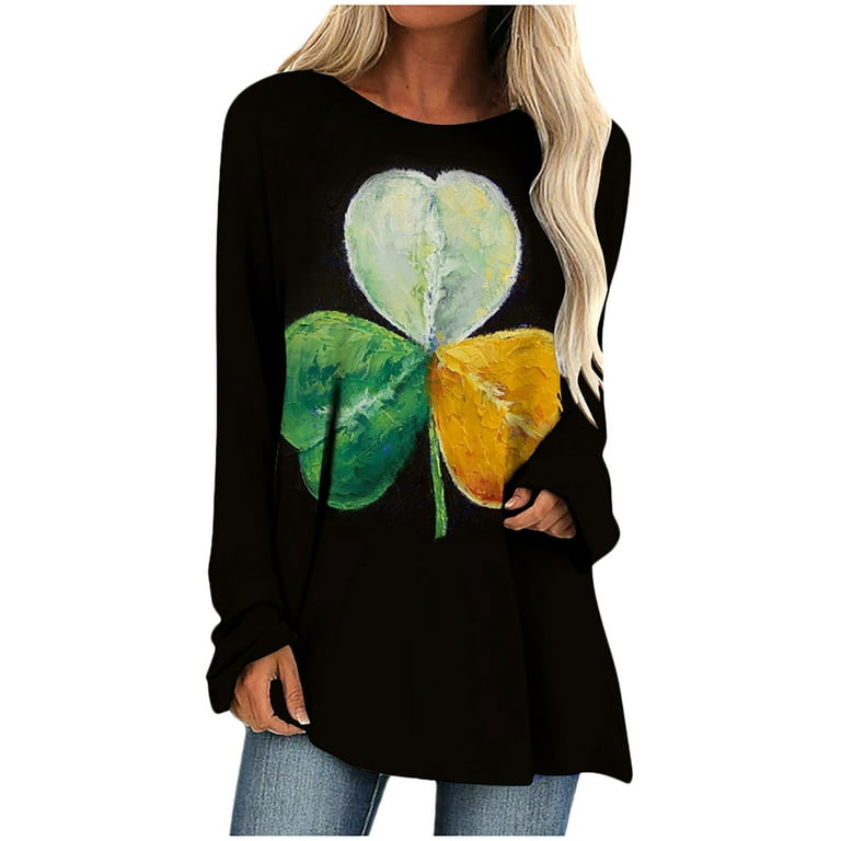 HAPIMO Rollbacks Women's St.Patrick's Day Shirt Clover Graphic Print  Pullover Lucky Green Day Gifts Long Sleeve Shirts for Women Cozy Pleat  Loose Leggings Tops Round Neck Tee Shirt Black L 