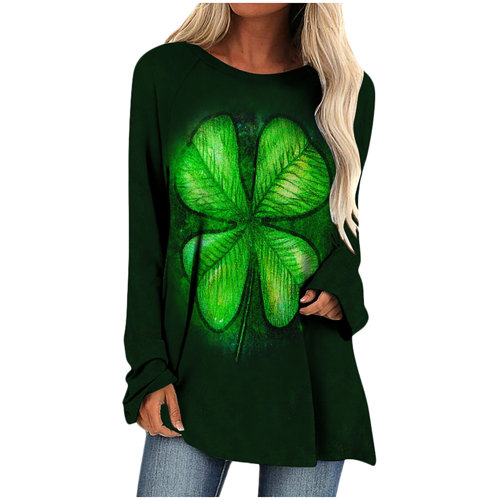 HAPIMO Rollbacks Women's St.Patrick's Day Shirt Long Sleeve Shirts for Women  Clover Graphic Print Pullover Cozy Pleat Loose Leggings Tops Round Neck Tee  Shirt Lucky Green Day Gifts Army Green L 