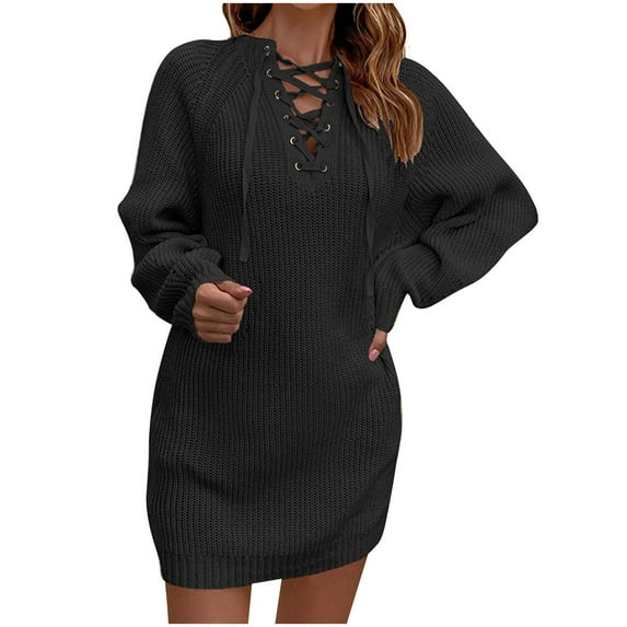 HAPIMO Women's Sweater Dress Casual Long Sleeve Lace Up V-Neck Pullover Tunics Cozy Warm Loose Ribbed Knit Mini Dresses Black S