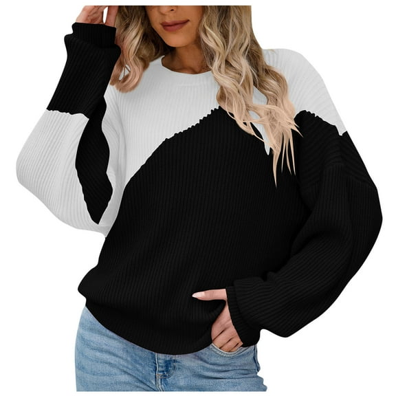 HAPIMO Womens Color Block Sweater Fall Fashion Long Sleeve Mock Neck Pullover Dressy Casual Ribbed Knit Loose Sweaters Teen Girls Clothes Black M