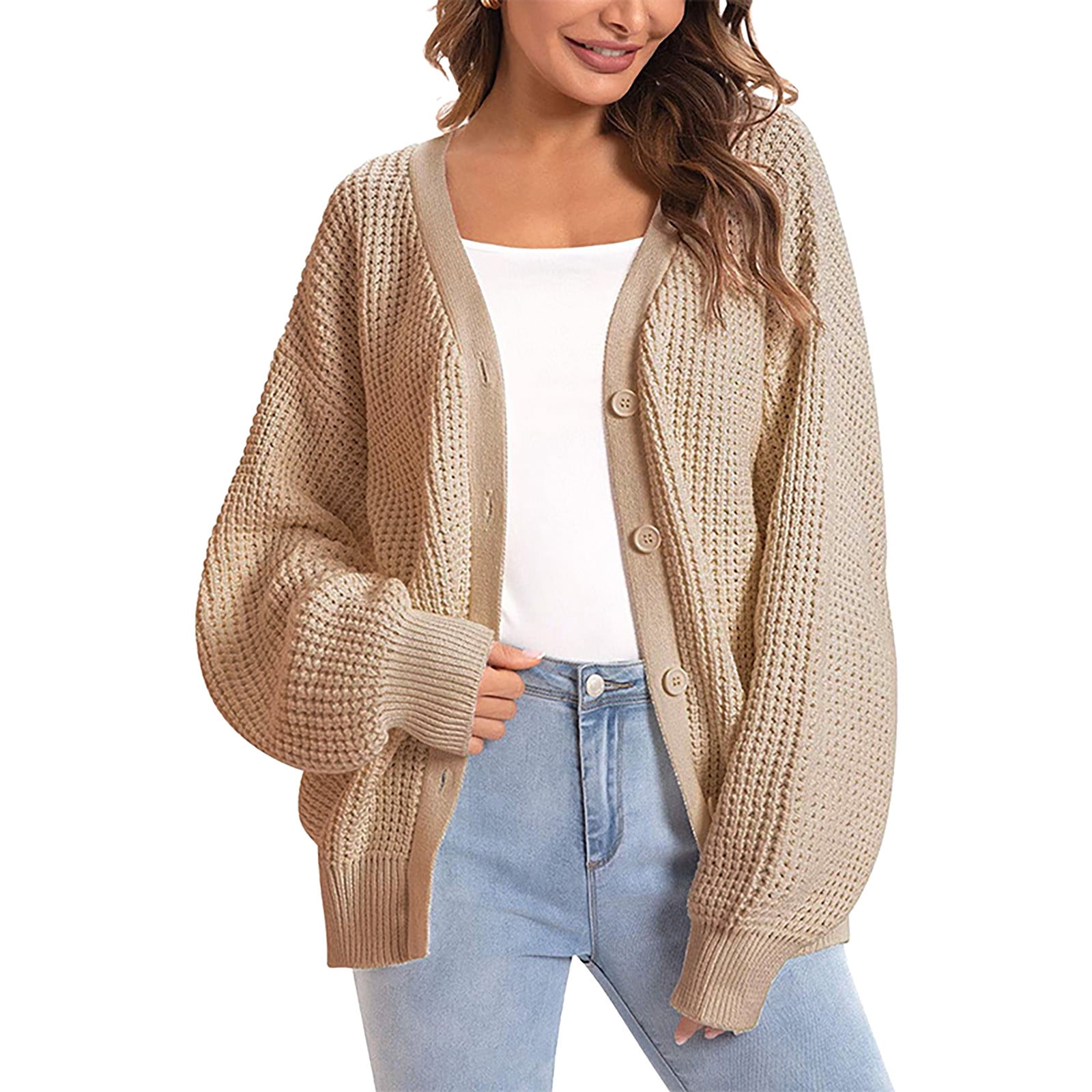HAPIMO Rollbacks Womens Fall Fashion Cardigan Long Sleeve Button Down  Knitwear Solid Color Casual Jumper Pullover Sweaters for Women Beige S 