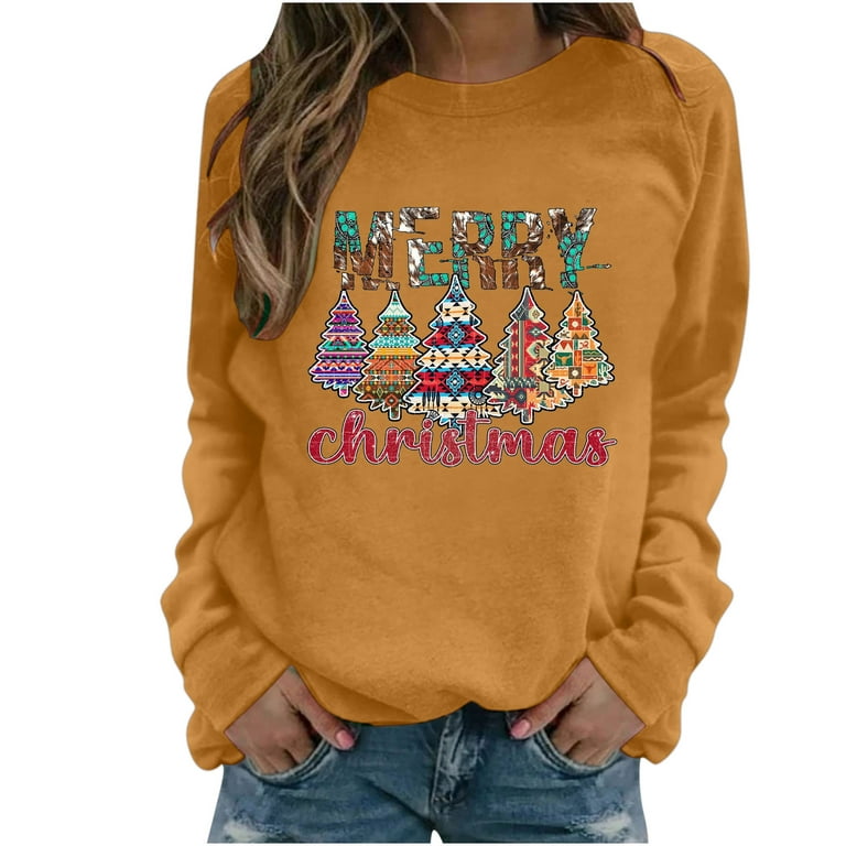 HAPIMO Rollbacks Womens Fall Fashion Christmas Graphic Print Long Sleeve  Crewneck Raglan Pullover Tops Teen Girls Fashion Clothes Khaki M 
