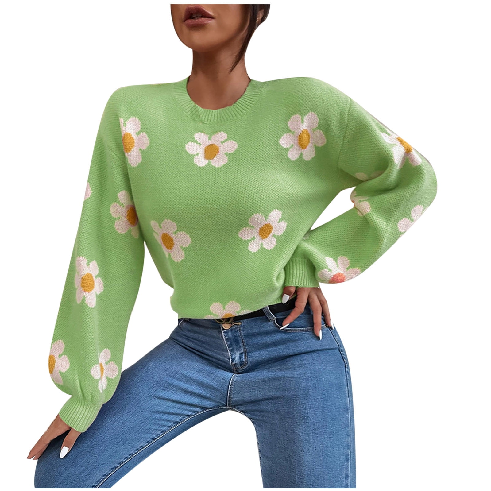HAPIMO Rollbacks Womens Knit Sweater Fall Fashion Floral Print Long Sleeve  Crewneck Loose Blouse Casual Kawaii Oversized Sweater Teen Girls Clothes  Green S 