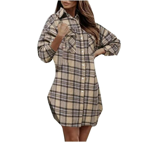 HAPIMO Womens Plaid Dresses Flannel Babydoll Dress Casual Lapel Collar Tunic Dress Long Sleeve Belted Fall Dresses with Pockets Khaki L