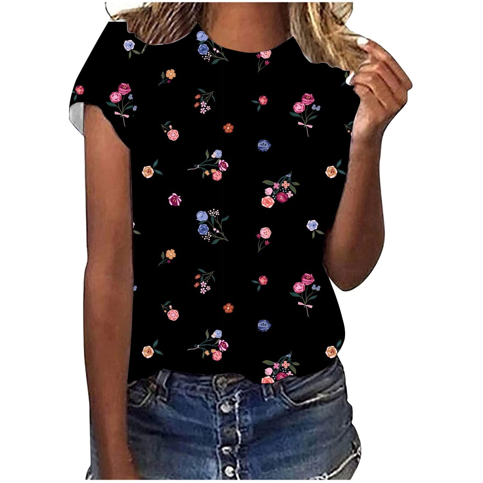 HAPIMO Savings Womens Summer Tops Crewneck Tee Shirt Casual Comfy Raglan  Pullover Tops Short Sleeve Teen Grils Fashion Clothes Floral Print Shirts  for Women Black XL 