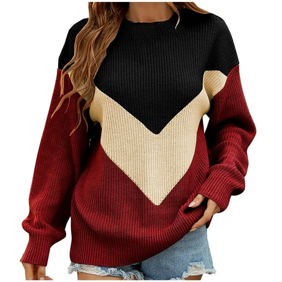 HAPIMO Rollbacks Womens Sweaters Fall Fashion Lantern Sleeve Round Neck Knitwear Colorblocked Casual Jumper Pullover Sweaters for Women Black L