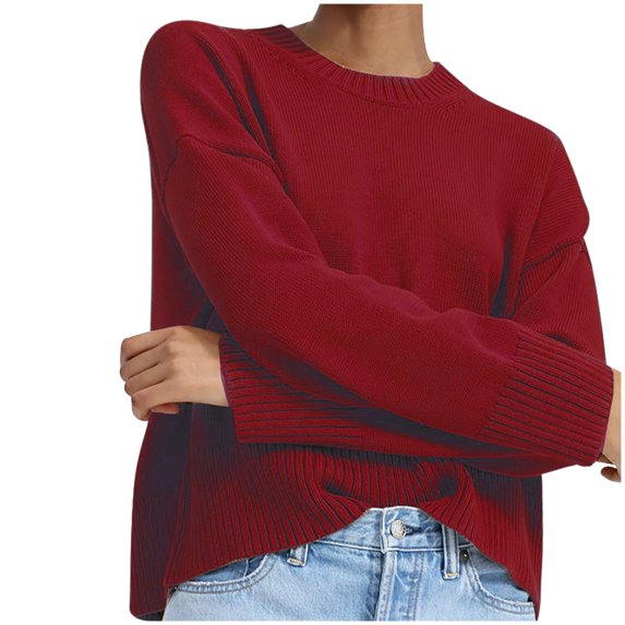 HAPIMO Rollbacks Womens Sweaters Fall Fashion Long Sleeve Crewneck Knitwear Solid Color Casual Jumper Pullover Sweaters for Women Wine XXXL