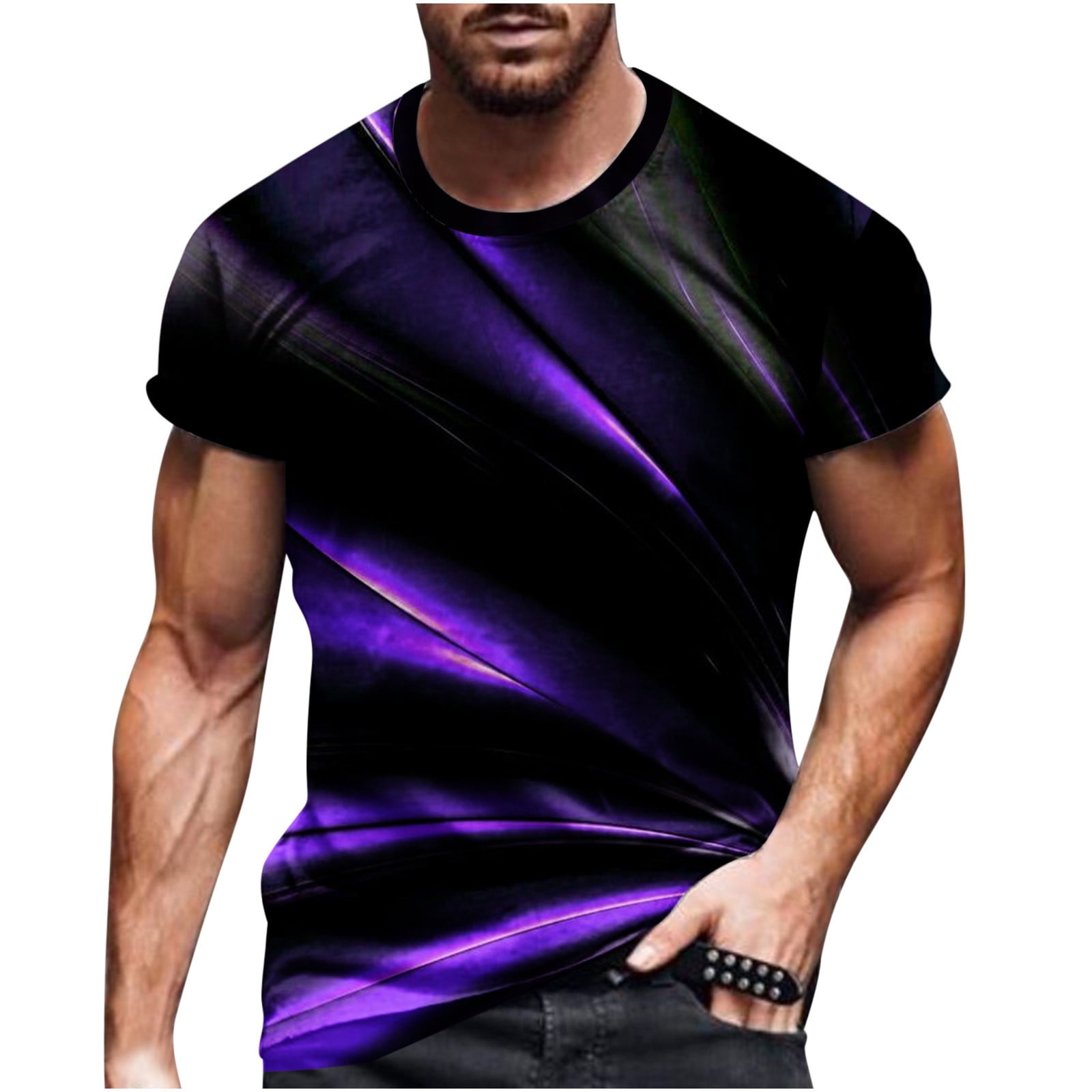 HAPIMO Round Neck Fashion Tops Casual Slim Fit Tee Clothes Short Sleeve  T-Shirt for Men Lines 3D Digital Graphic Print Blouse Men's Summer Shirts  Black XXXL 