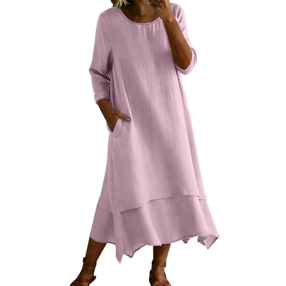HAPIMO Round Neck Ruffle Asymmetric Maxi Dress Women Boho Dress for Beach Pink L