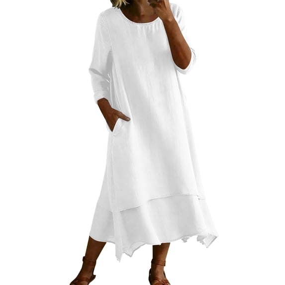 HAPIMO Round Neck Ruffle Asymmetric Maxi Dress Women Boho Dress for Beach White XL