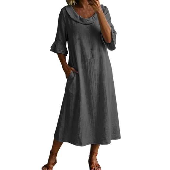 HAPIMO Round Neck Ruffle Pocket Midi Dress Women Casual Dress for Daily Wear Gray L