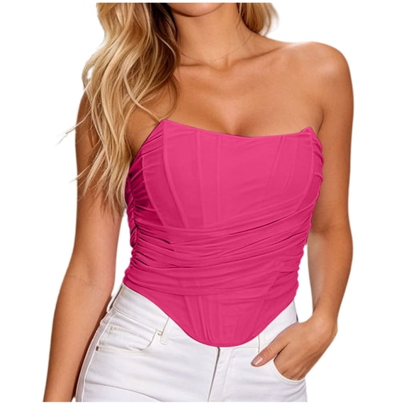 HAPIMO Ruched Strapless Bustier Corset Top Women Asymmetric Neck Cropped Waist Shaping Casual Top Hot Pink XS