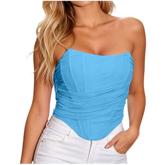 HAPIMO Ruched Strapless Bustier Corset Top Women Asymmetric Neck Cropped Waist Shaping Casual Top Sky Blue XXL