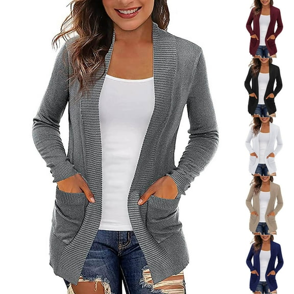 HAPIMO Sales Cardigans for Women Long Sleeve Open Front Knitwear Solid Casual Jumper Pullover Womens Fall Fashion Sweaters with Pocket Blue XXL